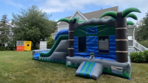 graduation party rental ideas - bounce house with water slide and dunk tank setup in a Plymouth backyard for a graduation party
