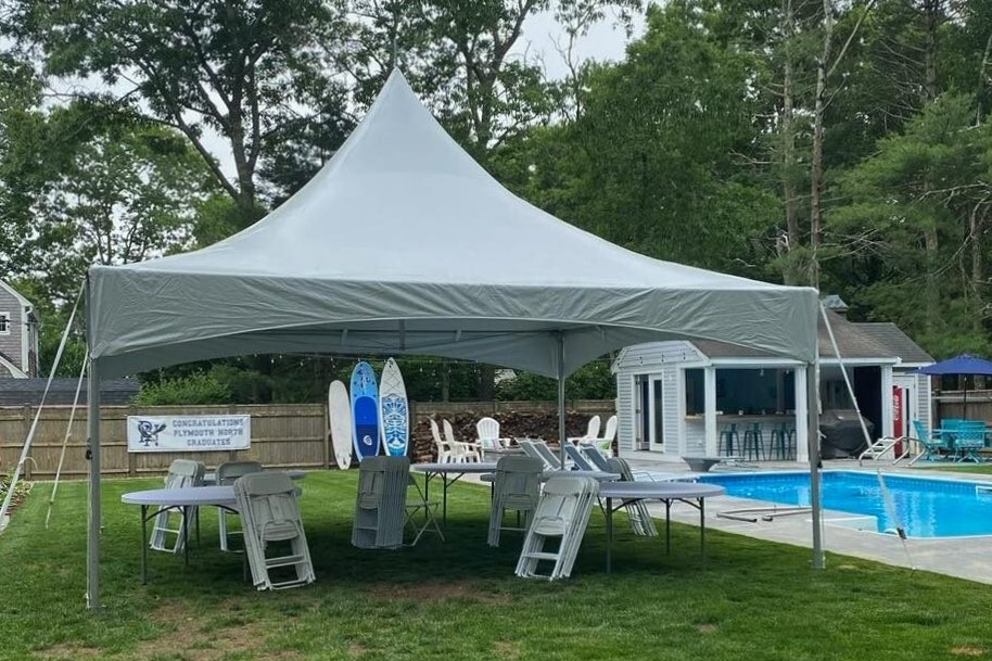 tent rental setup in backyard in westport, ma